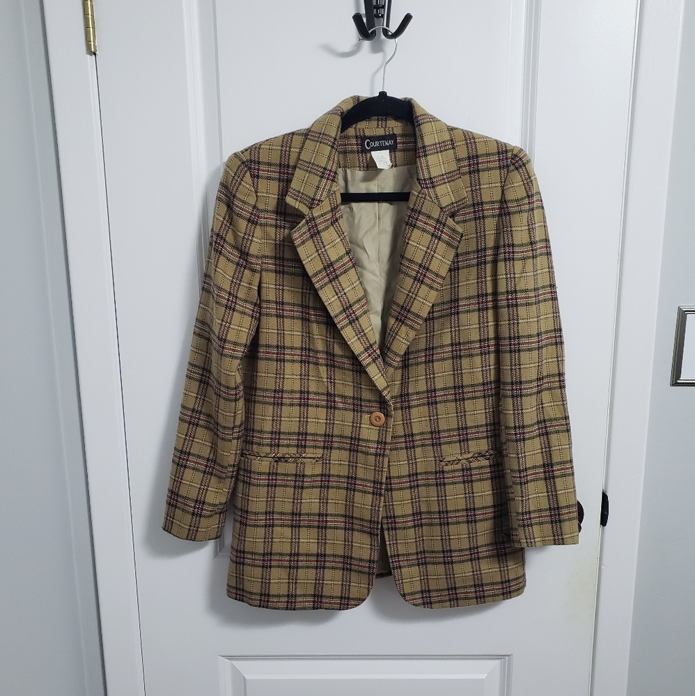 VINTAGE COURTENAY Brown Plaid Wool Blazer Jacket